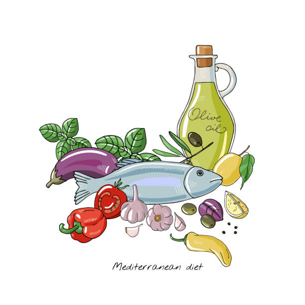 Mediterranean diet set of foods Mediterranean diet set of foods on white background fish food stock illustrations