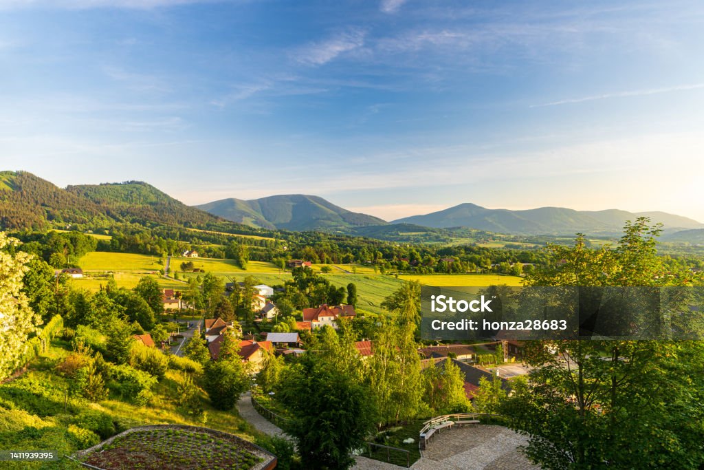 View from viewpoint on Borova in Malenovice in Czech republic Moravskoslezske Beskydy mountains with Smrk, Knehyne and Radhost from view point on Borova in Malenovice in Czech republic Beauty In Nature Stock Photo