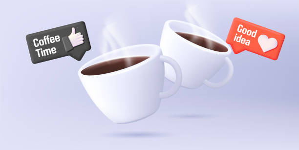 3d 렌더링 그림의 소셜 미디어 아이콘과 배너 구성에서 커피와 함께 두 컵의 그림 - steam tea hot drink coffee stock illustrations