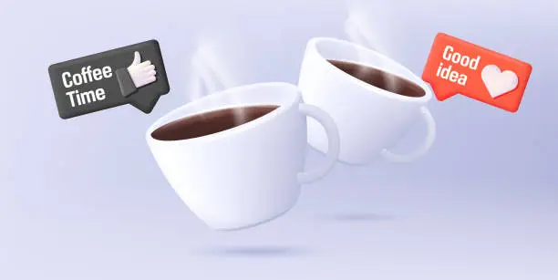 Vector illustration of 3d render illustration of two cups with coffee in banner composition with social media icons of like