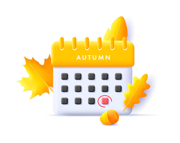 3d render calendar icon with autumn leaves and last day of the month circled 3d render calendar icon with autumn leaves and last day of the month circled, isolated nature calendar stock illustrations
