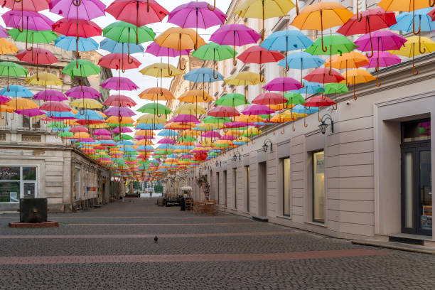 The pedestrian walkway between Victory Square and Liberty Square is covered by colourful umbrellas.  This is the view from the Liberty Square end, facing towards Victory Square.
