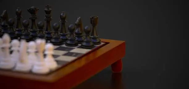 chess pieces on a chess board with copy space 3D computer generated image