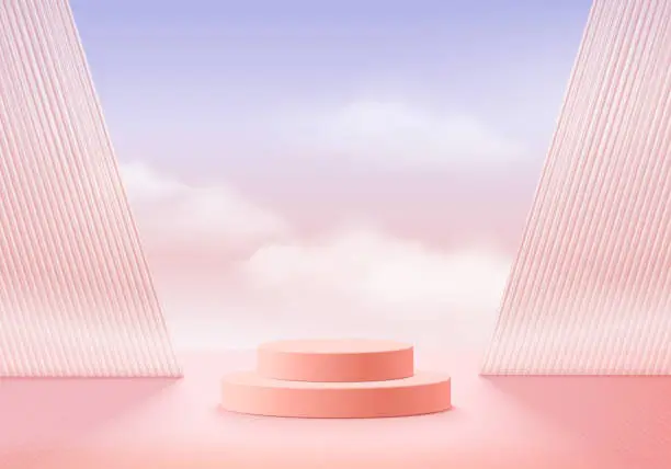 Vector illustration of Background vector 3d pink rendering with podium and minimal cloud scene, minimal product display background 3d rendered geometric shape sky cloud pink pastel. Stage 3d render product in platform