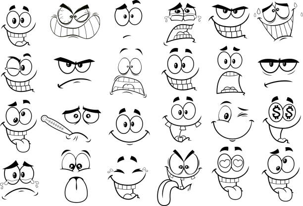 만화 재미있는 얼굴을 윤곽을 그렸습니다. 벡터 컬렉션 세트 - facial expression stock illustrations