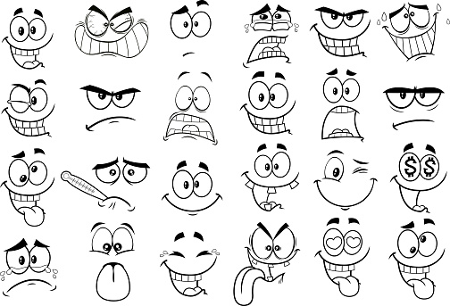 Outlined Cartoon Funny Faces. Vector Collection Set Isolated On White Background