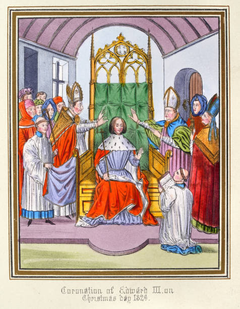 The Coronation of Edward III, King of England, 1326, Medieval English History Vintage illustration of The Coronation of Edward III, King of England, 1326 bishop clergy stock illustrations