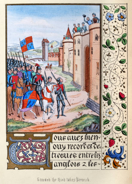 berwick poddając się królowi anglii edwardowi iii po bitwie pod halidon hill, 1333 - manuscript medieval medieval illuminated letter old stock illustrations