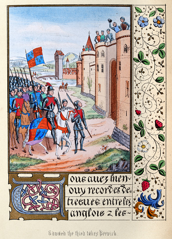 Vintage illustration of Berwick surrendering to to King Edward III of England after Battle of Halidon Hill, 1333