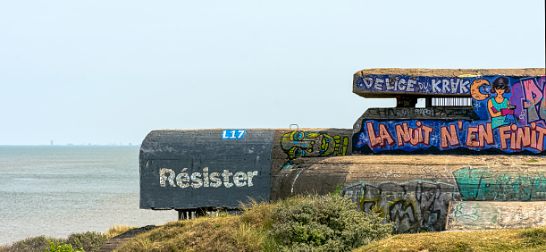 Dunkirk, France - June 2, 2019:  Dunkirk Beaches Bunkers - remains of a WW2 Nazi coastal gun battery, known as M.K.B Malo Terminus