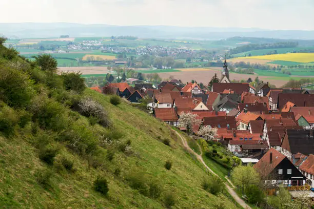 Scenic view of the old half-timbered houses of the town of Schwalenberg seen from the castle hill, Teutoburg Forest, Germany