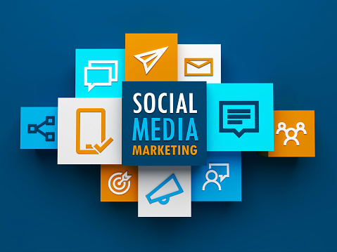 3D render of top view of SOCIAL MEDIA MARKETING business concept with colorful cubes on dark blue background