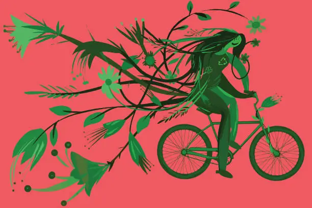 Vector illustration of Young happy girl riding bicycle