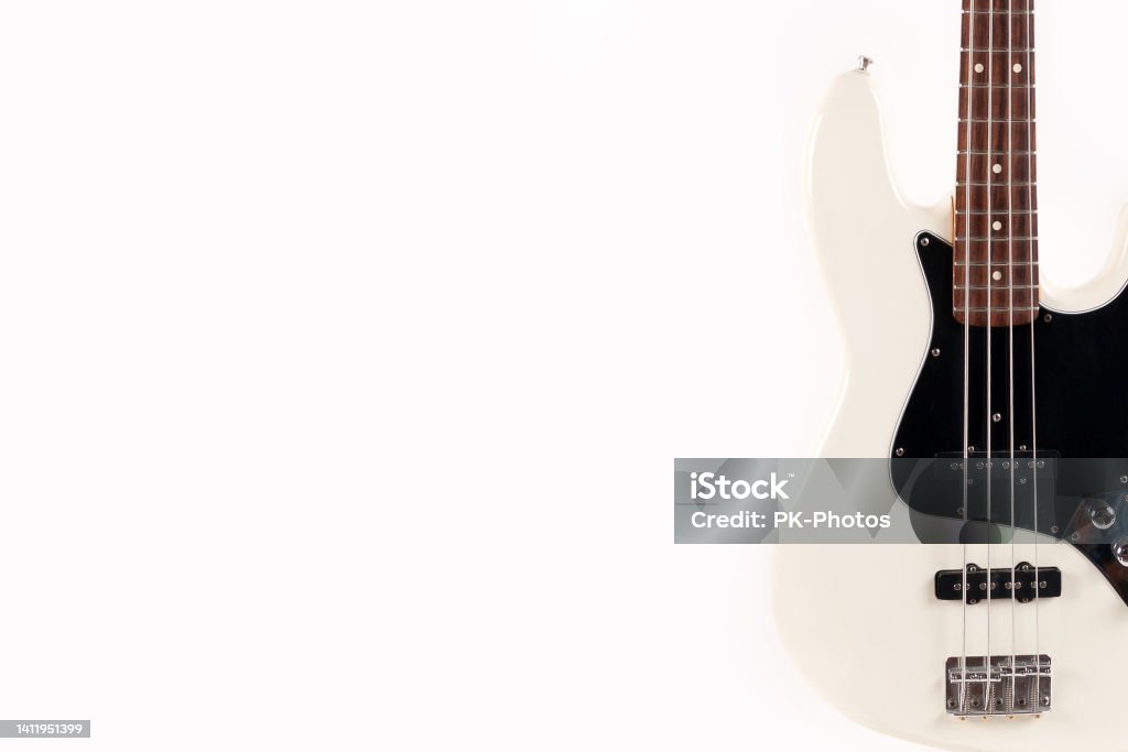 Electric bass guitar on a white background - Copy Space Electric bass guitar on a white background Arts Culture and Entertainment Stock Photo
