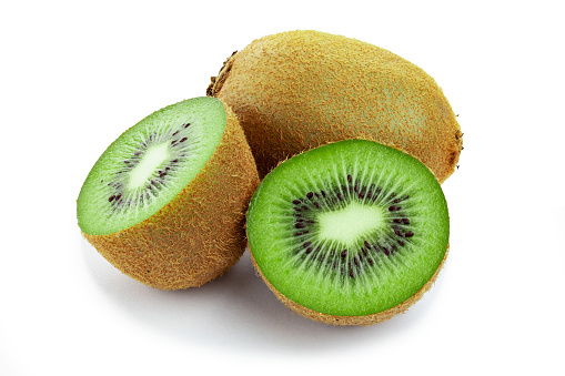 Ripe whole kiwi fruit and half kiwi fruit, isolated on white background, full depth of field. File contains clipping path. Design element.