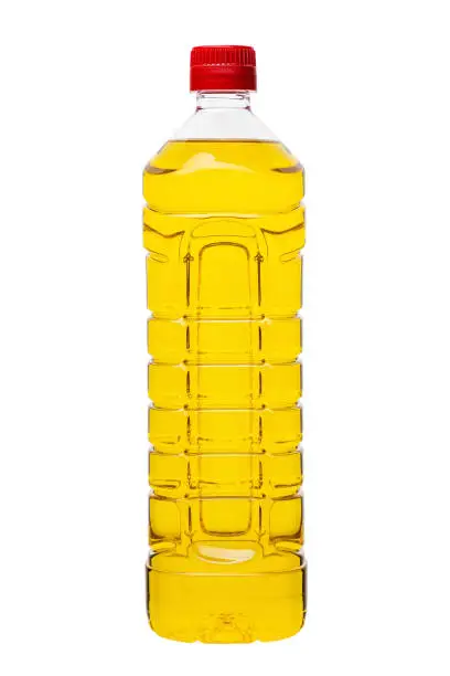 Photo of Vegetable oil plastic bottle, isolated on white background, full depth of field.