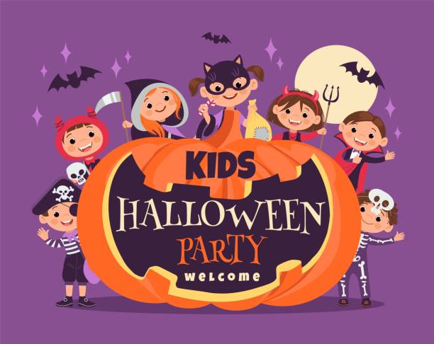 ilustrações de stock, clip art, desenhos animados e ícones de halloween kids party. october festival poster. funny boys and girls. holiday horror costumes. smiling pumpkin with invitation text. cute children in monster outfits. vector welcome banner - halloween witch child pumpkin