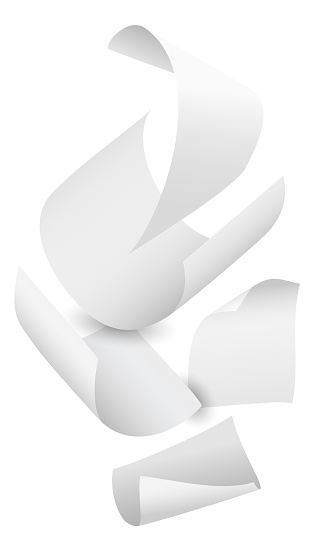Falling paper. Realistic flying sheets chaotic compositions. White curled notepaper. Bent blank pages swirls. Soaring twisted documents and letters with folded edges. Vector scattered clean notes