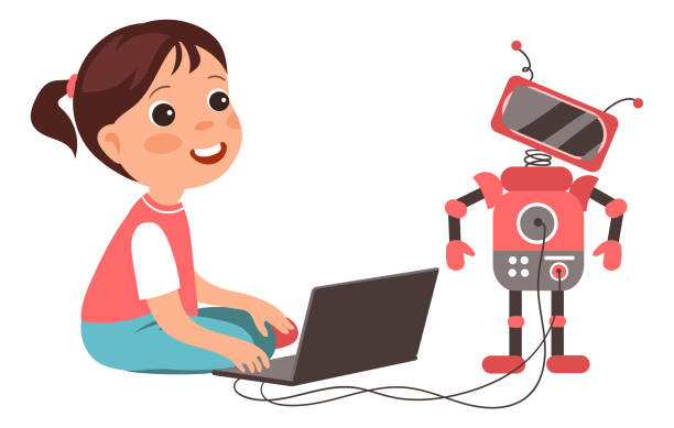 子どもたちがロボットを組み立てます。ロボットのおもちゃとラップトップを持つ女の子。人工知能をプログラミングする子供。アンドロイドを作成する赤ちゃん。自動機械。ai技術。ベク� - computer graphic child school children small点のイラスト素材／クリップアート素材／マンガ素材／アイコン素材