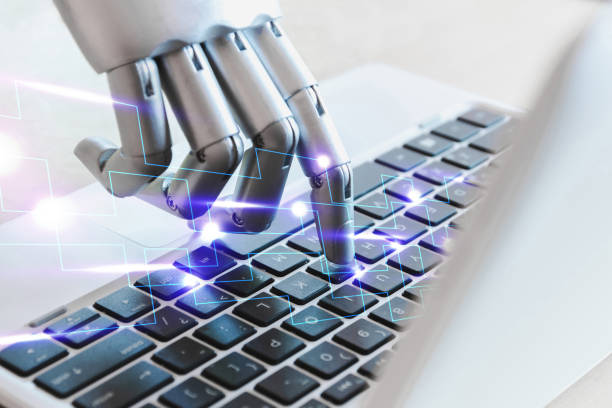 istock Innovation technology robot hands and fingers point to laptop button advisor chatbot robotic artificial intelligence concept 1411951767