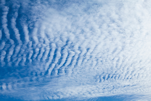 Lines of clouds in the shape of lines arranged parallel to each other and framed so that they are arranged vertically. Blue background with white stripes.