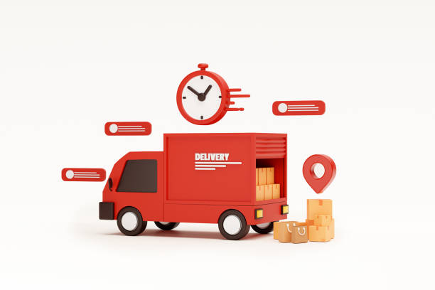Red delivery car deliver express Shipping fast delivery truck and Pin pointer mark location and cardboard boxes with bubble chat message and clock delivery transportation logistics concept on white background 3d rendering illustration coche de entrega roja entrega urgente envío camión de entrega rápida y puntero pin marca ubicación y cajas de cartón con mensaje de chat burbuja y reloj entrega logística de transporte concepto sobre fondo blanco 3d ilustración de renderizado
