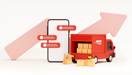 Red delivery car deliver express and cardboard boxes with arrow graph and bubble chat message on smartphone cartoon shipping and transportation and shopping online concept on white website banner background 3d rendering