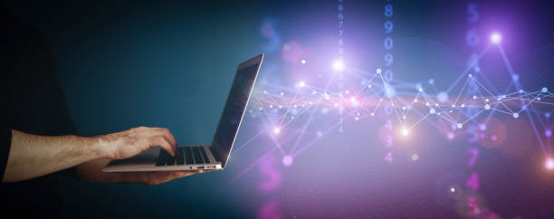 Big data technology background. Using a laptop against the background of visualization of a computer internet network, social connection, analytics, information. Big data technology background. Using a laptop against the background of visualization of a computer internet network, social connection, analytics, information. High quality photo deep pick stock pictures, royalty-free photos & images