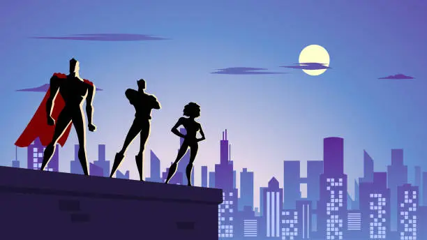 Vector illustration of Vector Trio Superhero on a Rooftop in a City