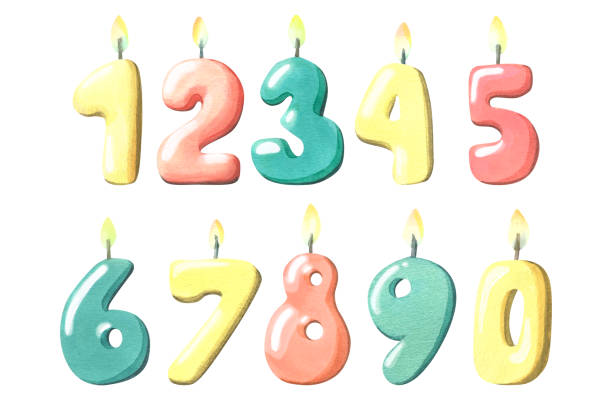 ilustrações de stock, clip art, desenhos animados e ícones de volumetric candles for cake and decorations in the form of numbers with fire. watercolor illustration. isolated objects from a large set are happy birthday. for the design of holiday cards, posters - fire large illustration and painting yellow