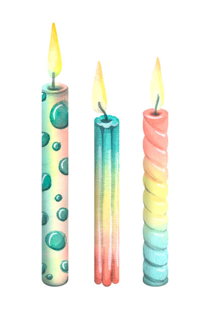 ilustraciones, imágenes clip art, dibujos animados e iconos de stock de velas para pastel, horneado, vacaciones, colores del arco iris con llama. ilustración en acuarela. objetos aislados de un gran conjunto de feliz cumpleaños. para el diseño y decoración de saludos, postales. - fire large illustration and painting yellow