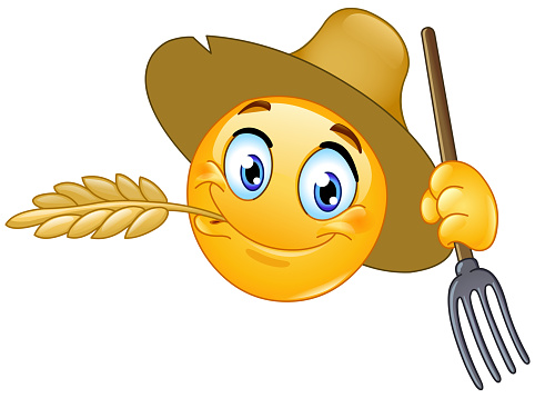 Happy farmer or rancher emoji emoticon chewing a barley straw and holding a pitchfork