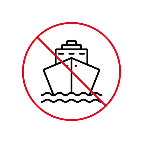 Vector illustration of Cruise Ship Black Line Ban Icon. Boat Container Forbidden Zone Outline Pictogram. Cargo Marine Red Stop Symbol. Illegal Area Vessel Ship Sign. Sea Transport Prohibited. Isolated Vector Illustration