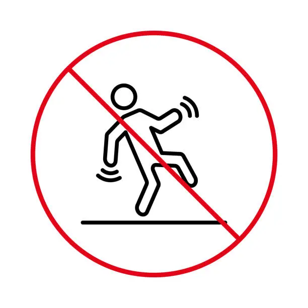 Vector illustration of Attention Danger Wet Surface Pictogram. Warning Fall Risk. Caution Sign Slippery Floor Black Outline Icon. People Beware Accident Red Stop Circle Line Symbol. Isolated Vector Illustration