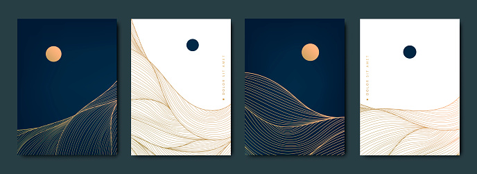 Vector set of abstract art wavy backgrounds, covers, banners in Japanese style. Mountiain, sea, water line scapes with sun, moon. Golden luxury wall art.