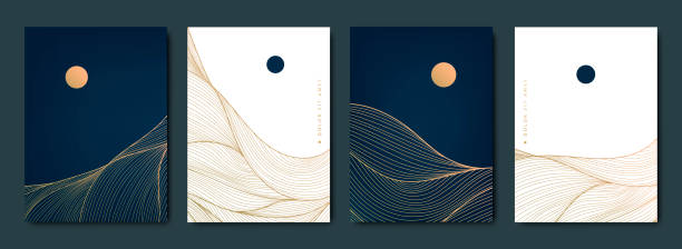 Vector set of abstract art wavy backgrounds, covers, banners in Japanese style. Mountiain, sea, water line scapes with sun, moon. Golden luxury wall art Vector set of abstract art wavy backgrounds, covers, banners in Japanese style. Mountiain, sea, water line scapes with sun, moon. Golden luxury wall art. japanese landscape stock illustrations