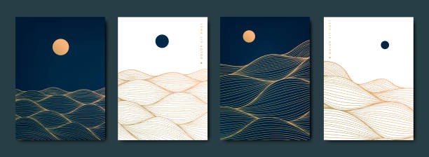 istock Vector set of abstract art wavy backgrounds, covers, banners in Japanese style. Mountiain, sea, water line scapes with sun, moon. Golden luxury wall art 1411962391