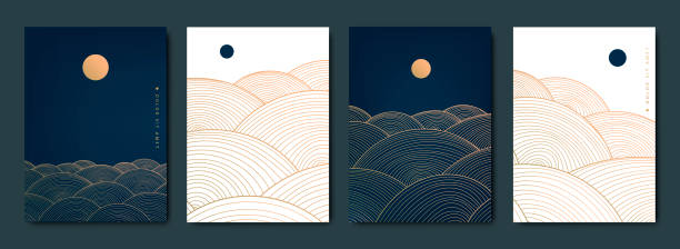 istock Vector set of abstract art wavy backgrounds, covers, banners in Japanese style. Mountiain, sea, water line scapes with sun, moon. Golden luxury wall art 1411962393