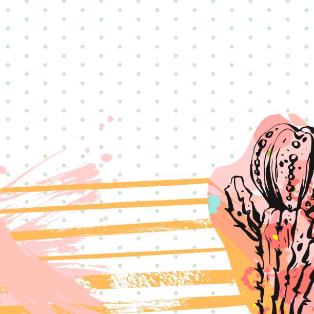 ilustraciones, imágenes clip art, dibujos animados e iconos de stock de dibujo a mano vectorial abstracto gráfico creativo suculento, cactus y plantas plantilla de tarjeta sobre colorido pincel artístico pintado fondo. diseño de moda hipster inusual único. arte gráfico hecho a mano - abstract backgrounds botany cactus
