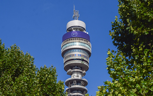London, UK - July 29 2022: BT Tower exterior view with a clear blue sky
