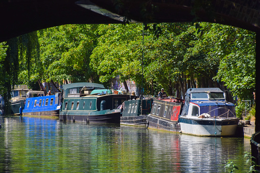 London, United Kingdom - July 16 2022: houseboats on Regent's Canal in Camden