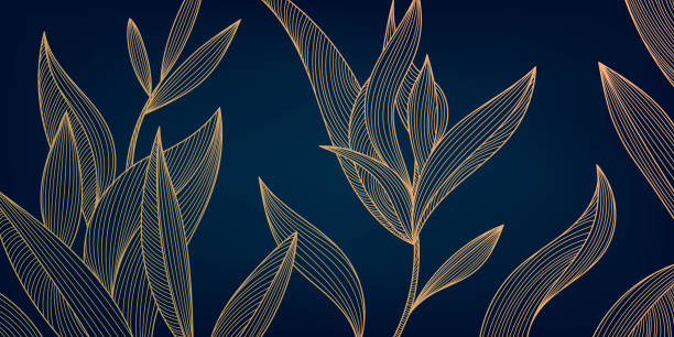벡터 황금은 식물 현대, 아르 데코 벽지 배경을 나뭇잎. 인테리어 디자인, 섬유 패턴, 텍스처, 포스터, 패키지, 포장지, 선물 등을위한 라인 디자인. 사치. 일본식. - floral pattern decor art backgrounds stock illustrations