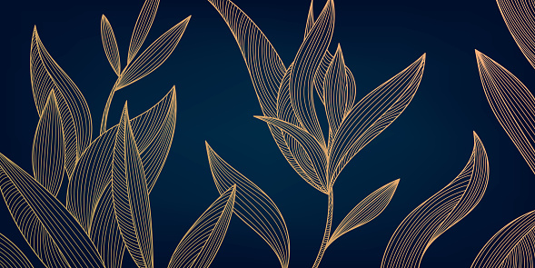 Vector golden leaves botanical modern, art deco wallpaper background. Line design for interior design, textile patterns, textures, posters, package, wrappers, gifts etc. Luxury. Japanese style