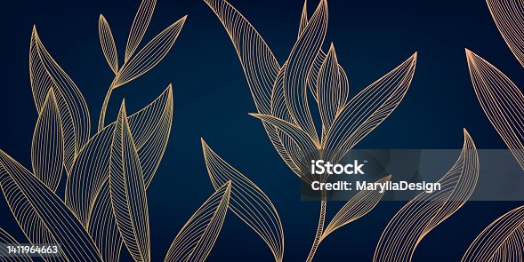 istock Vector golden leaves botanical modern, art deco wallpaper background. Line design for interior design, textile patterns, textures, posters, package, wrappers, gifts etc. Luxury. Japanese style. 1411964663
