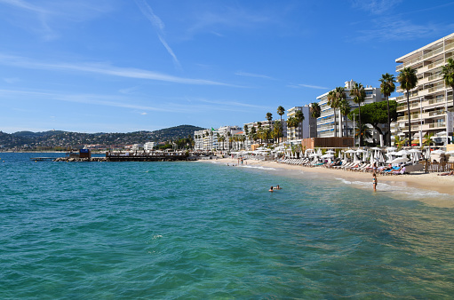 Juan Les Pins, France - October 3 2019: busy beach in Juan Les Pins