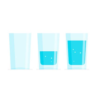 Three glass of water. Full, half and empty. Drink more water concept. Vector illustration isolated on white background.