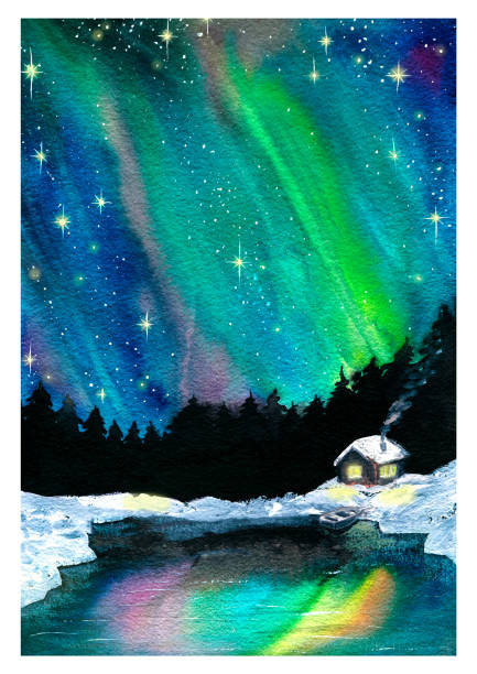 Winter landscape, northern lights in the sky, forest and a hut by the lake in the snow. Watercolor illustration. For the design and decoration of posters, postcards, stickers, paintings, book covers. Winter landscape, northern lights in the sky, forest and a hut by the lake in the snow. Watercolor illustration. For the design and decoration of posters, postcards, stickers, paintings, book covers alaska northern lights stock illustrations