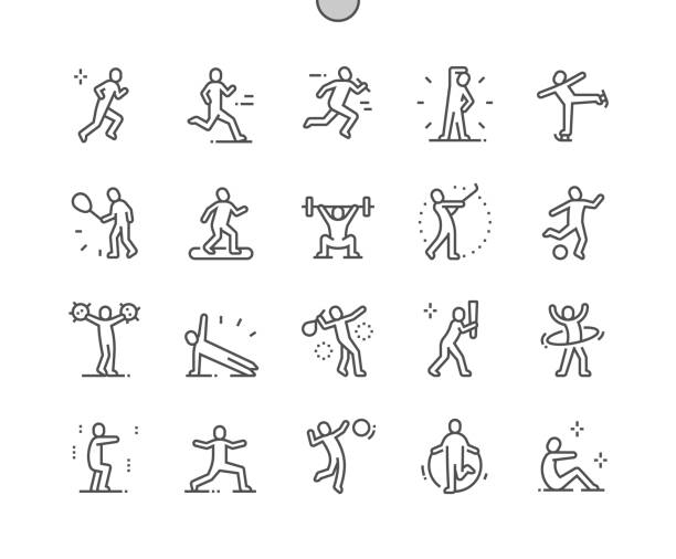 illustrations, cliparts, dessins animés et icônes de les sportifs. position debout de la figure du bâton. courir, jouer au tennis, patiner et autres. icônes pixel perfect vector thin line. pictogramme minimal simple - soccer player soccer sport people