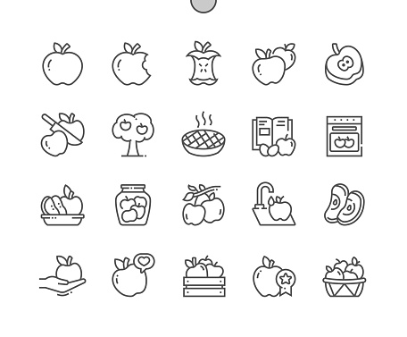 Apple fruit. Cooking, recipes and price. Whole and cut apples. Food shop, supermarket. Menu for cafe. Pixel Perfect Vector Thin Line Icons. Simple Minimal Pictogram