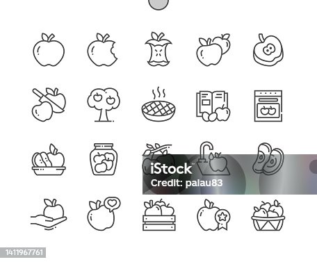 istock Apple fruit. Cooking, recipes and price. Whole and cut apples. Food shop, supermarket. Menu for cafe. Pixel Perfect Vector Thin Line Icons. Simple Minimal Pictogram 1411967761